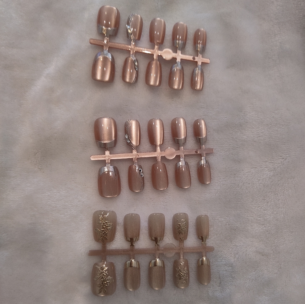 3 Sets Small Salon Quality Nails Nude Brown Cat-eye French Gold Silver Designs